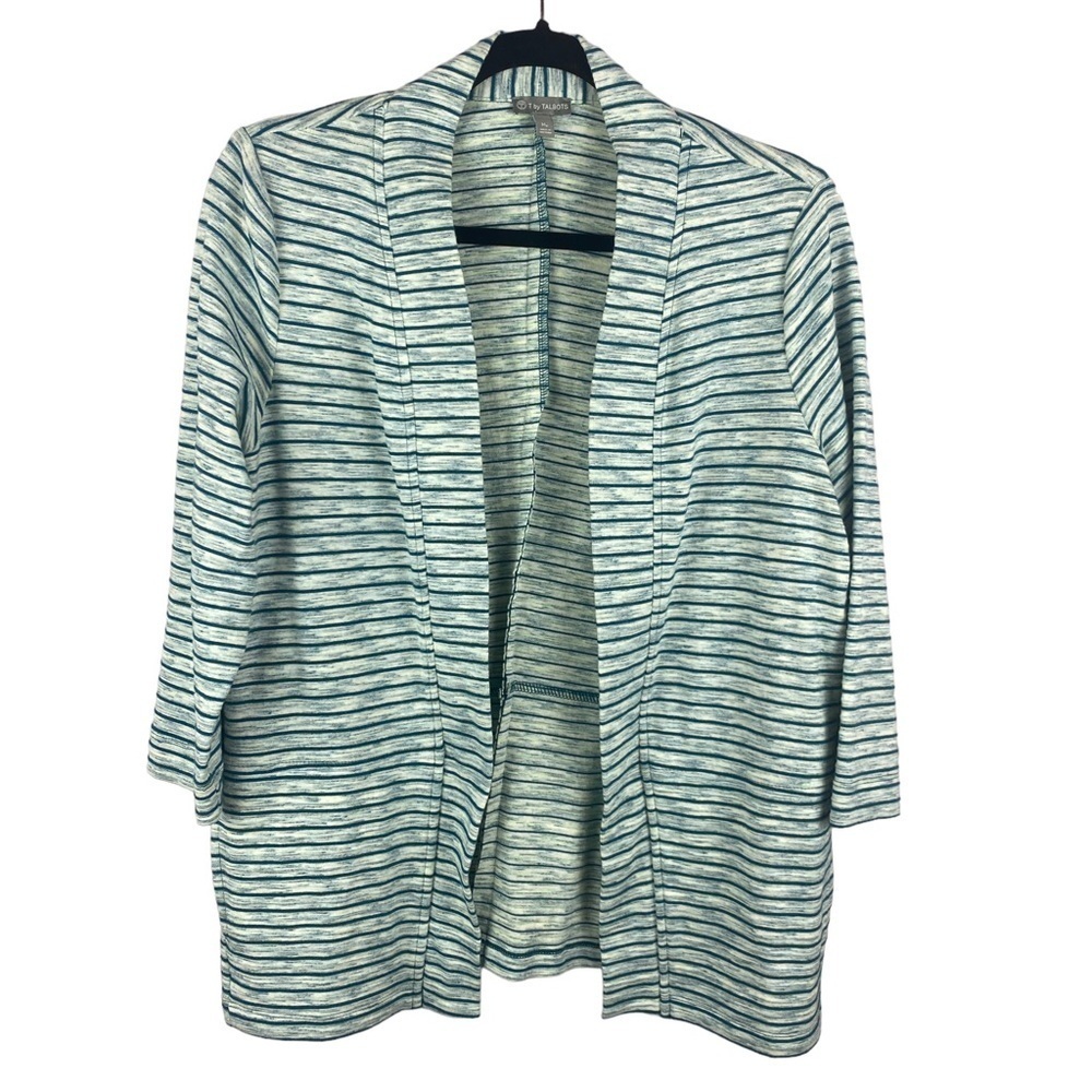 T by Talbots Teal Stripe Cotton Open Cardigan Medium Petite